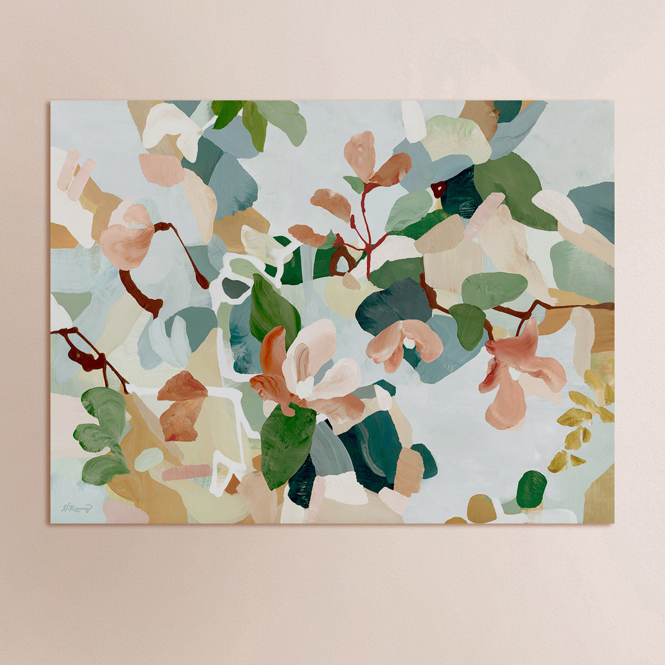Abstract floral painting in blues, soft reds and greens on a solid background.