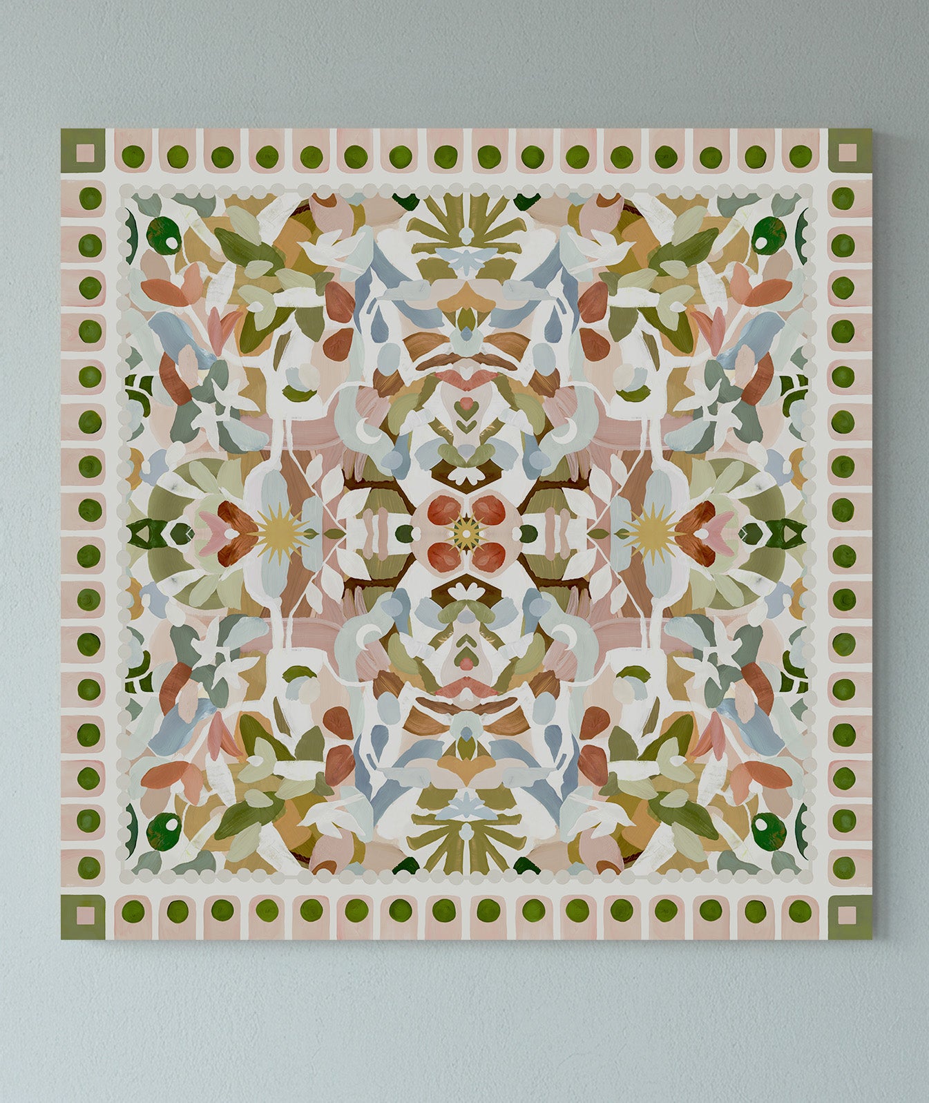 Decorative art print with a geometric symmetrical floral pattern on a plain light blue background