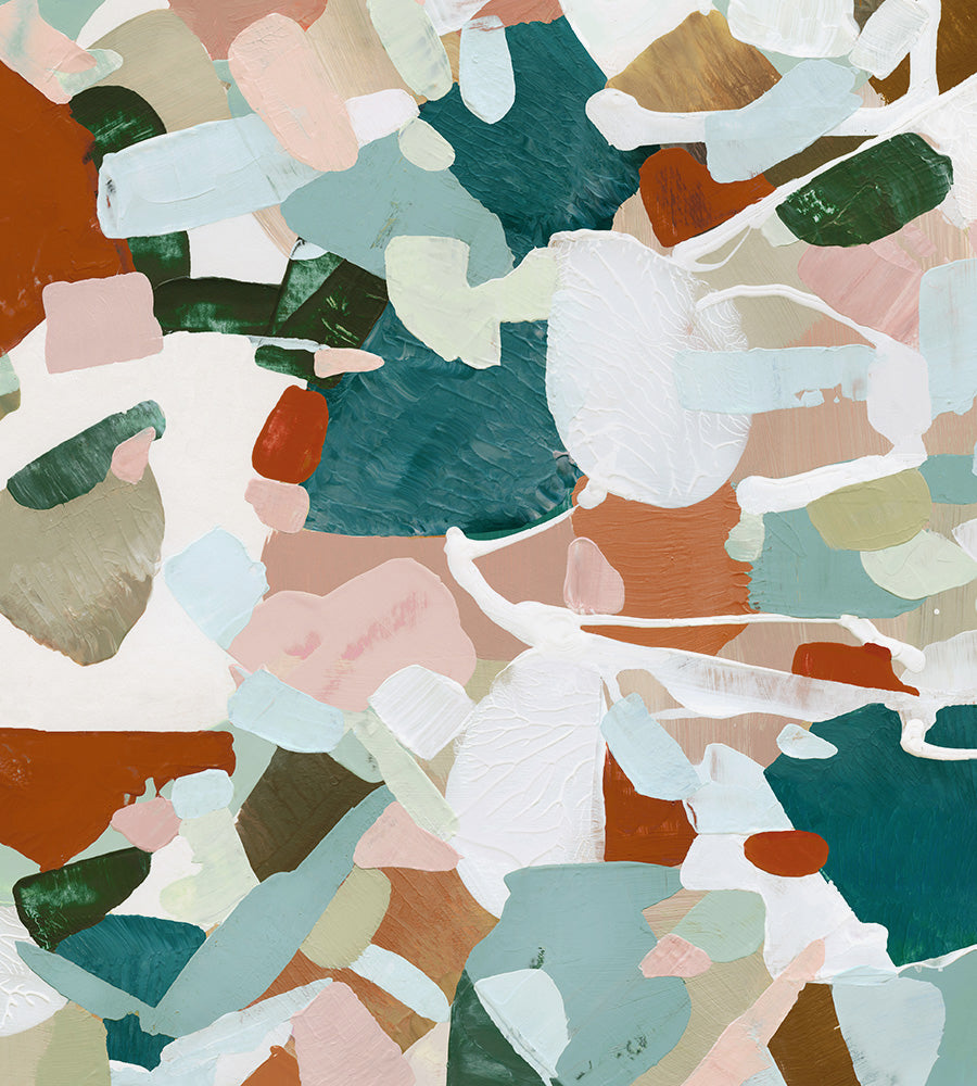 Close-up view of an abstract art print in warm browns, sage greens, blues and turquoise colors.