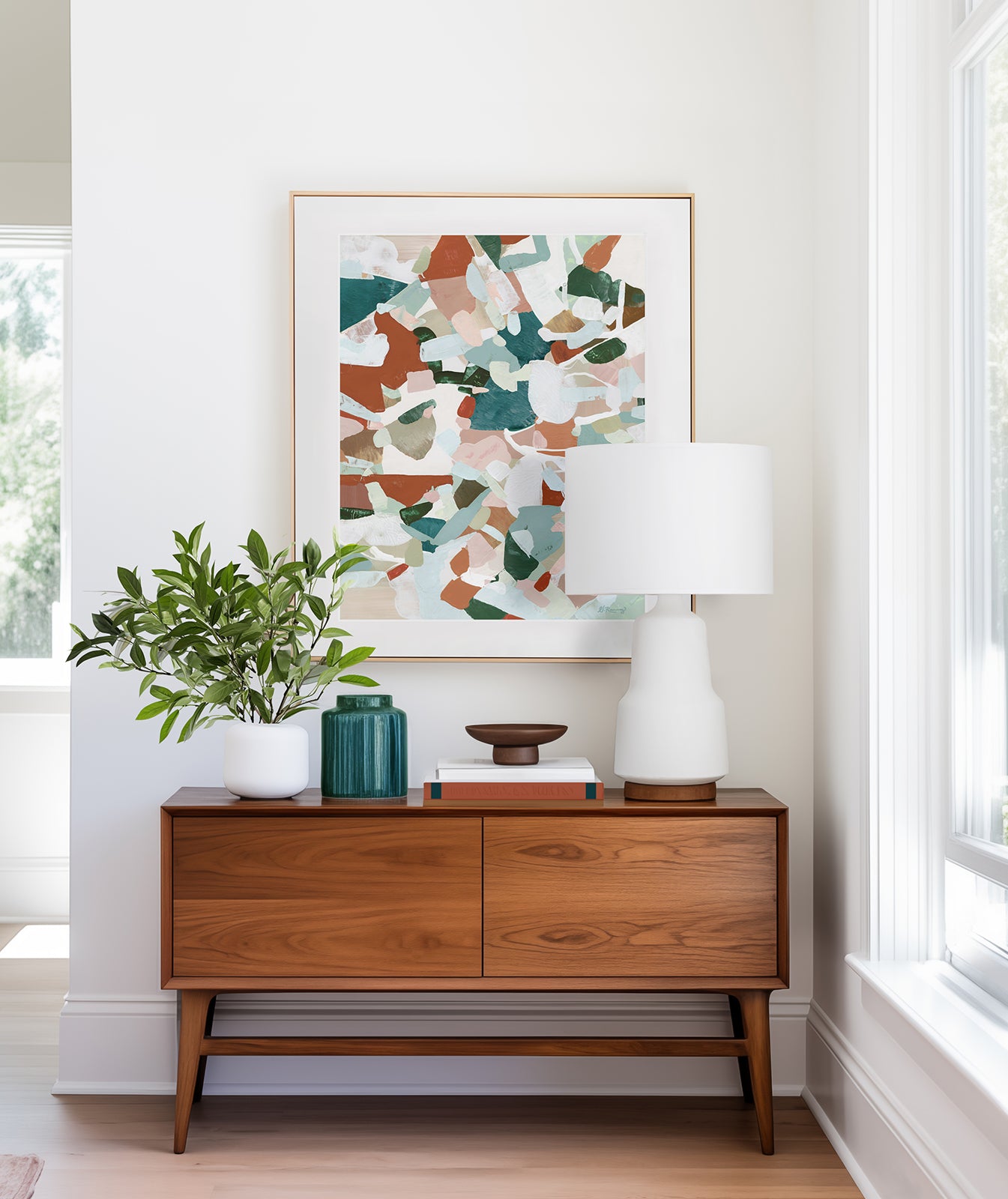 A framed abstract art print with a white border in warm browns, sage greens, blues and turquoise colors displayed above a wooden cabinet.