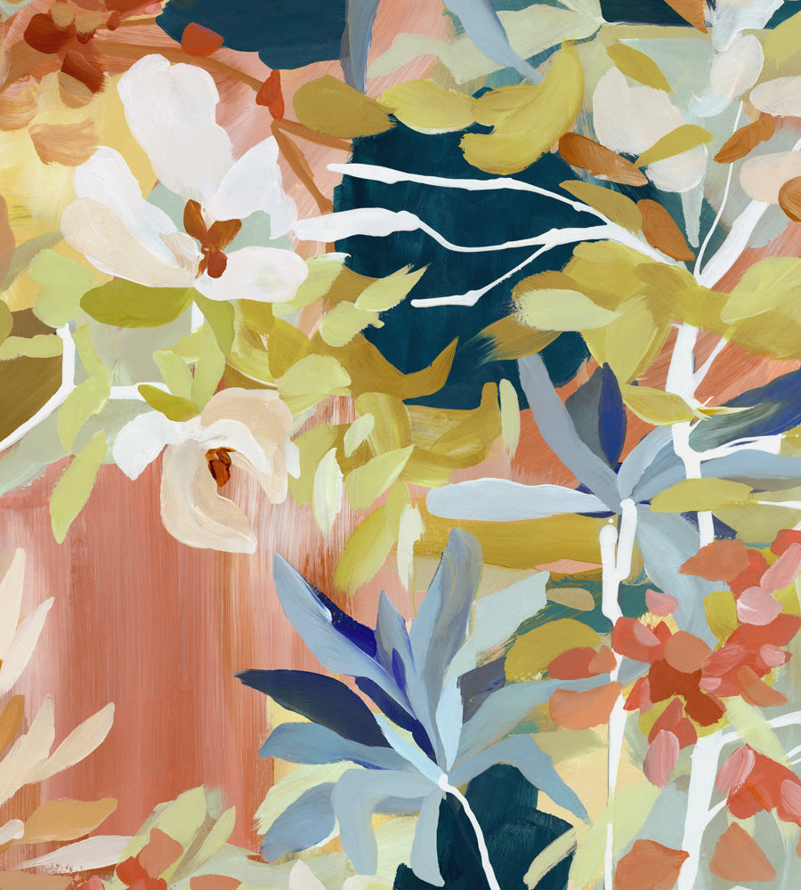 A close-up of the floral, abstract art print featuring shades of red, blue, chartreuse, white and pink.