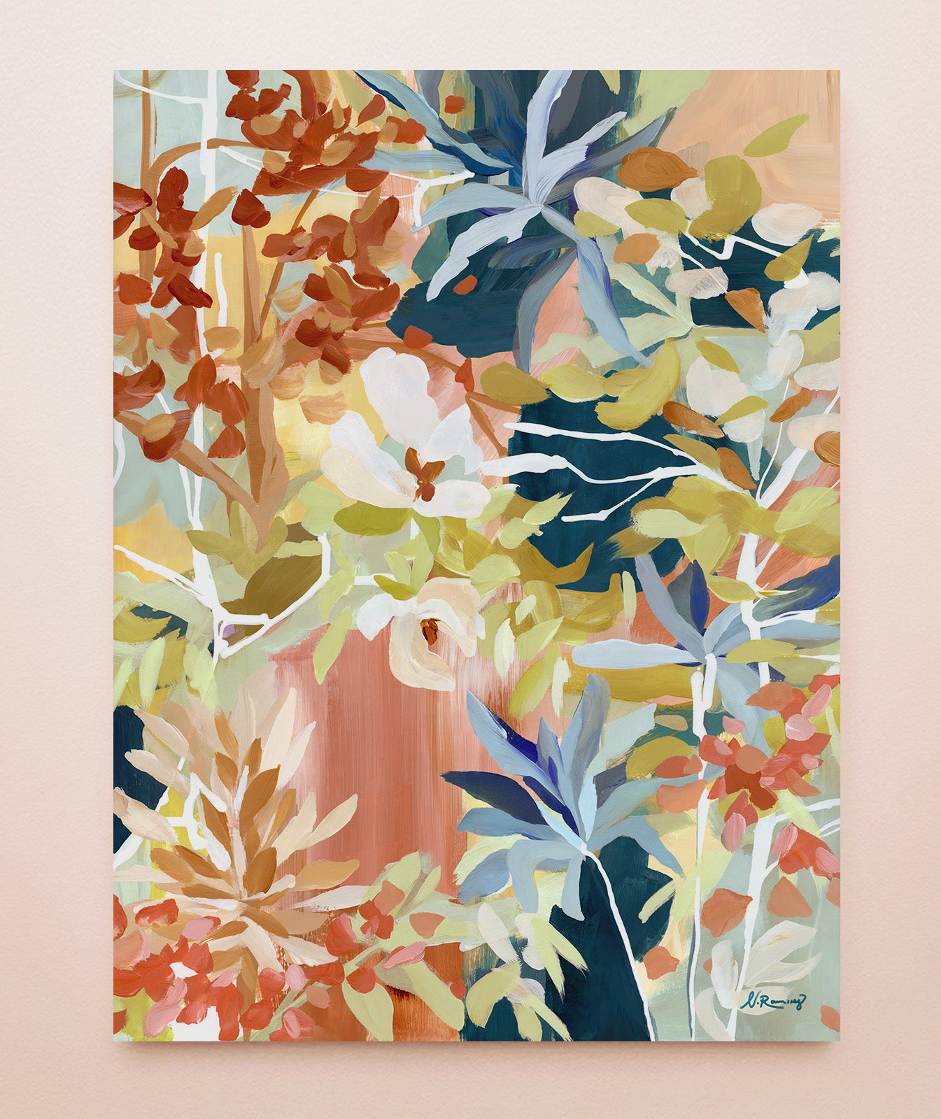 A floral abstract artwork with reds, greens and blues displayed on a solid background.