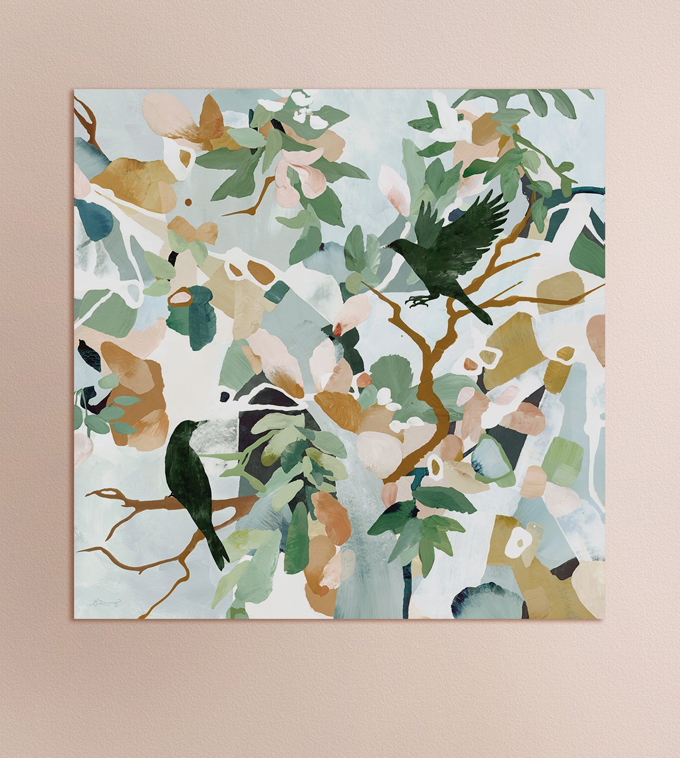 Colorful abstract art with light blue gray, orange, sage, pinks and brown tones featuring two black birds on a solid background.