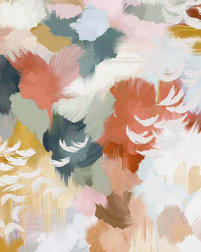 A close-up view of an abstract art print in red, turquoise, yellow, beige and sage displayed on a solid background.