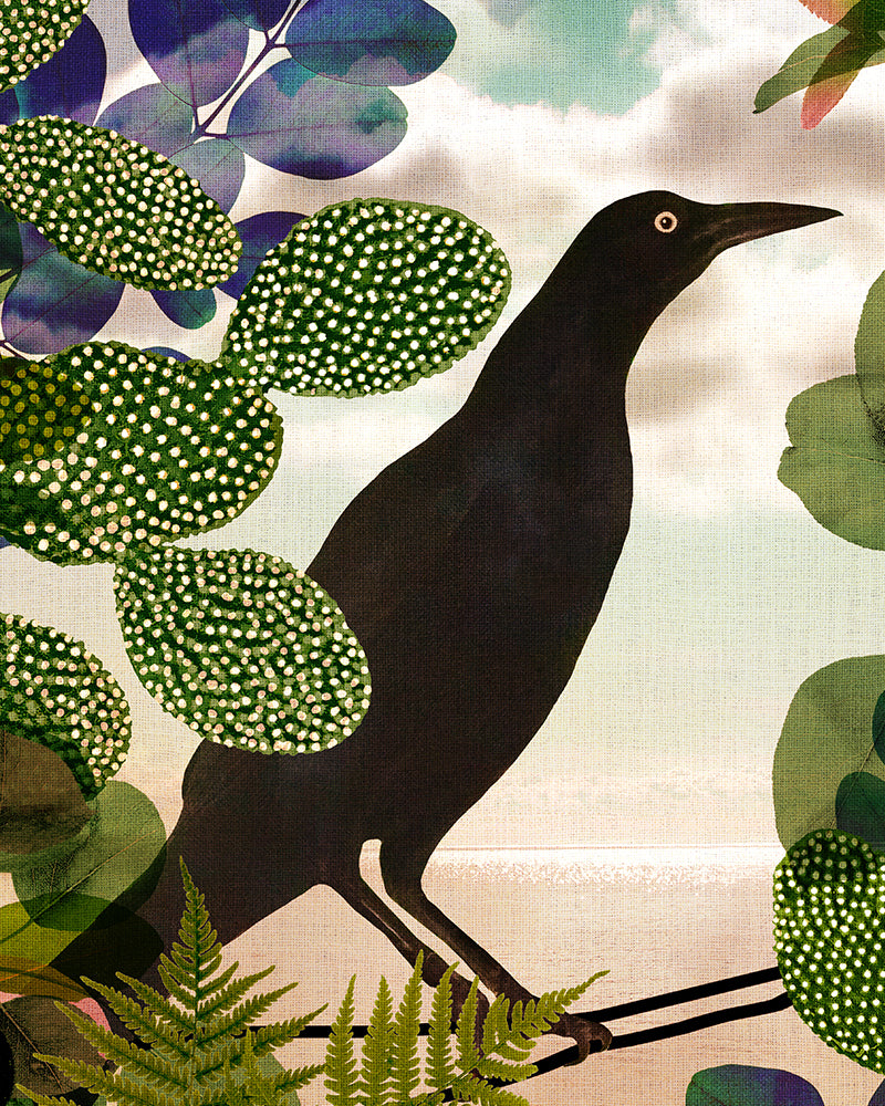 Closeup view of artwork featuring a black bird surrounded by tropical plants. 