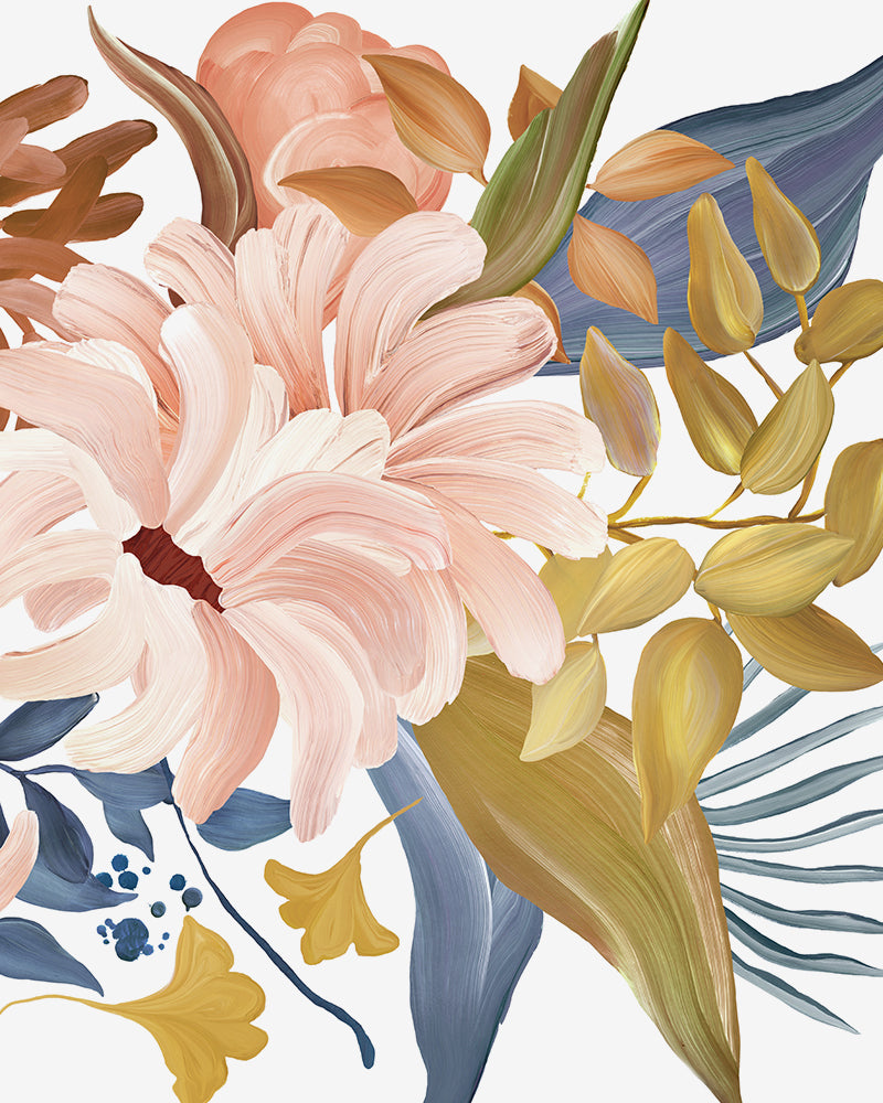 A close-up view of a floral abstract print in a modern style featuring pink, yellow, green and brown colors