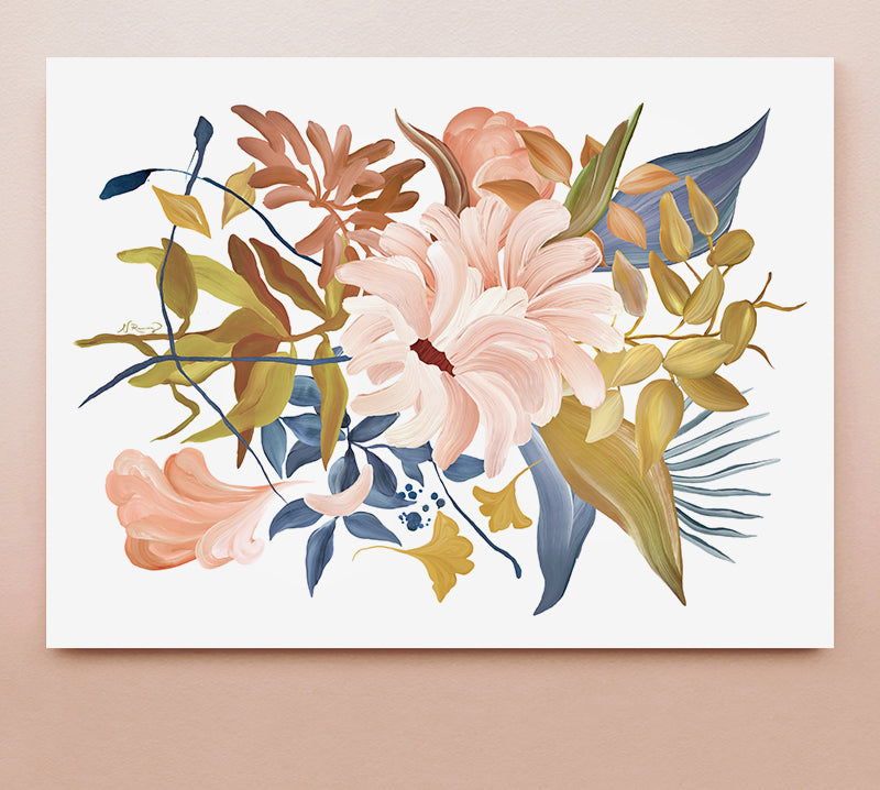 A floral abstract print in a modern style featuring pink, yellow, green and brown colors displayed against a solid background.