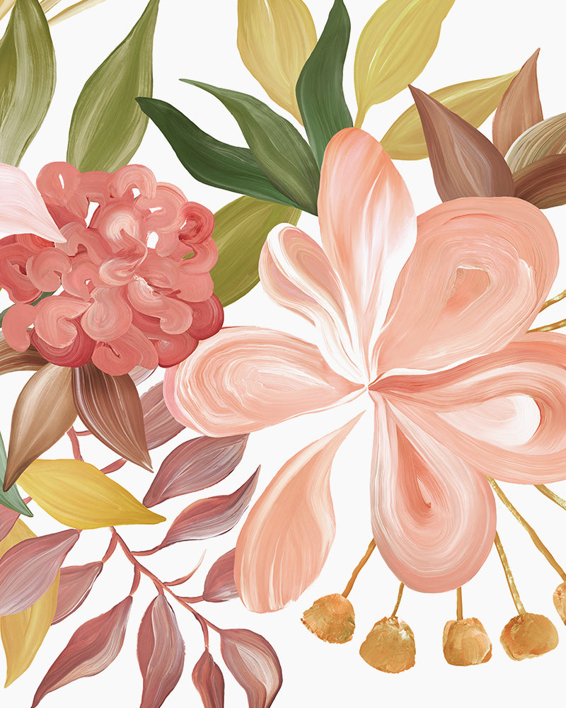 Close-up of floral abstract art in a modern style featuring pink, yellow, green and brown colors.