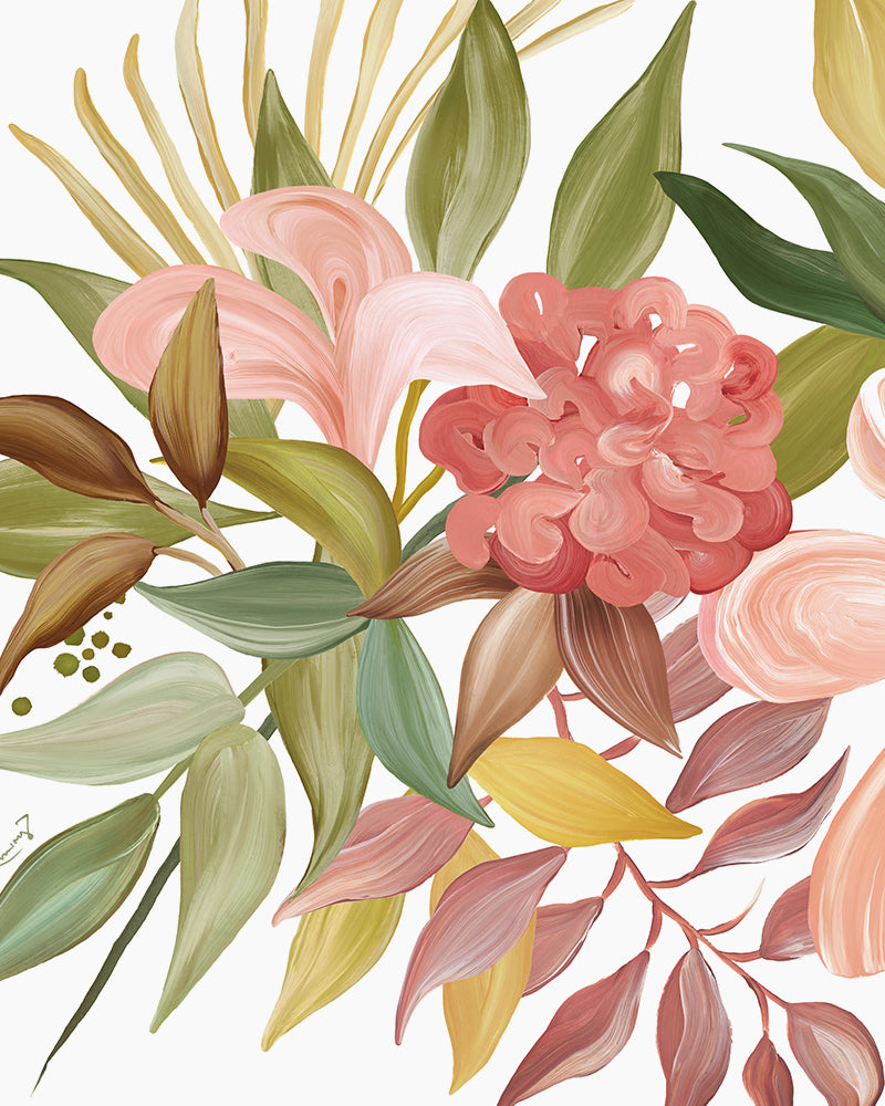 Close-up of floral abstract art in a modern style featuring pink, yellow, green and brown colors.
