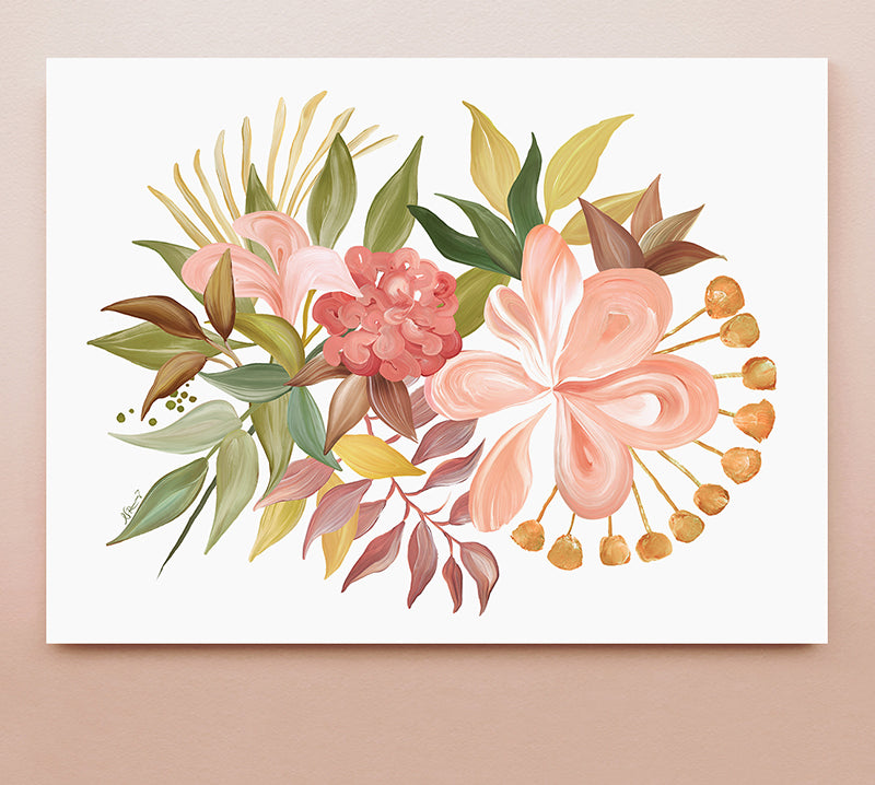 Floral abstract art in a modern style featuring pink, yellow, green and brown colors displayed against a solid background.